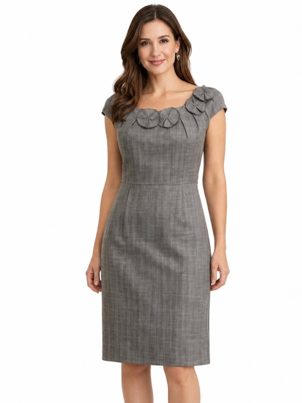 Antonio Melani Gray Sheath Dress Size 8 | Elegant Floral Neckline | EUC